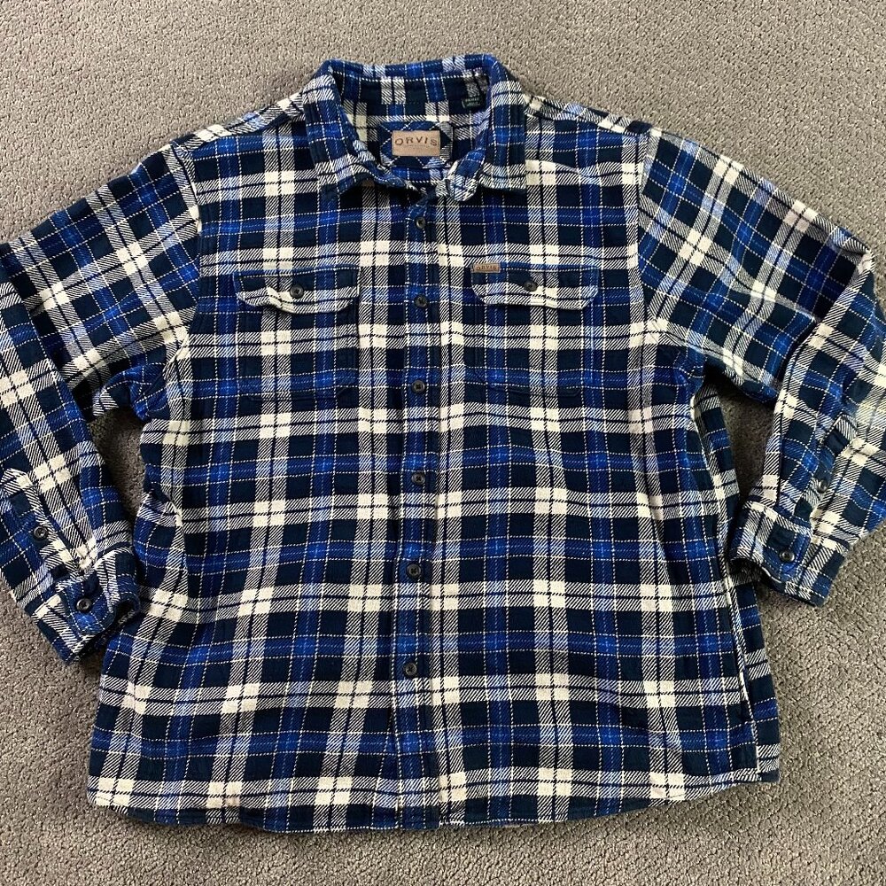 Orvis Flannel Shirt Jacket Shacket Men's XXL Blue Cotton Blue Plaid Check